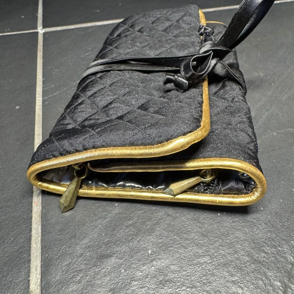 Schildkraut Black Quilted Jewelry Roll Travel Organizer Gold Trim Ribbon Tie